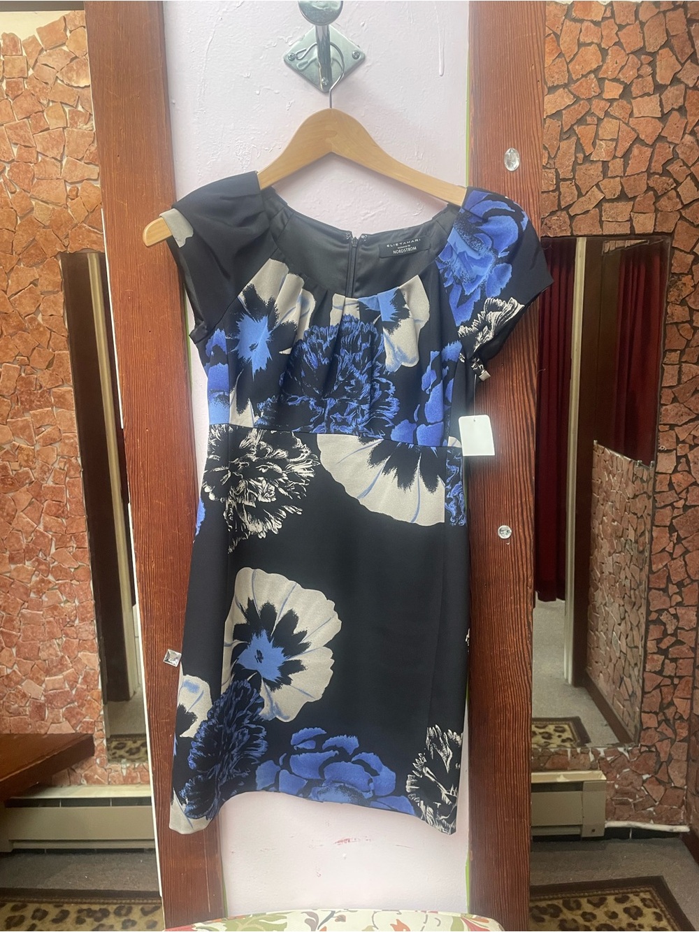 Elie Tahari Black Blue and Cream Floral Sheath Dress